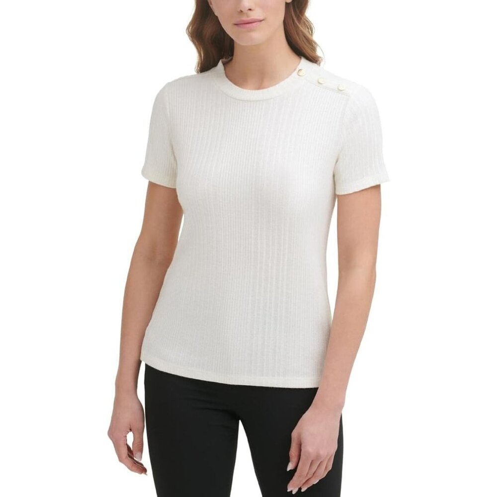 DKNY Women's Knitted Top Suit Shoulder Button Short Sleeves Stone Heather Size S